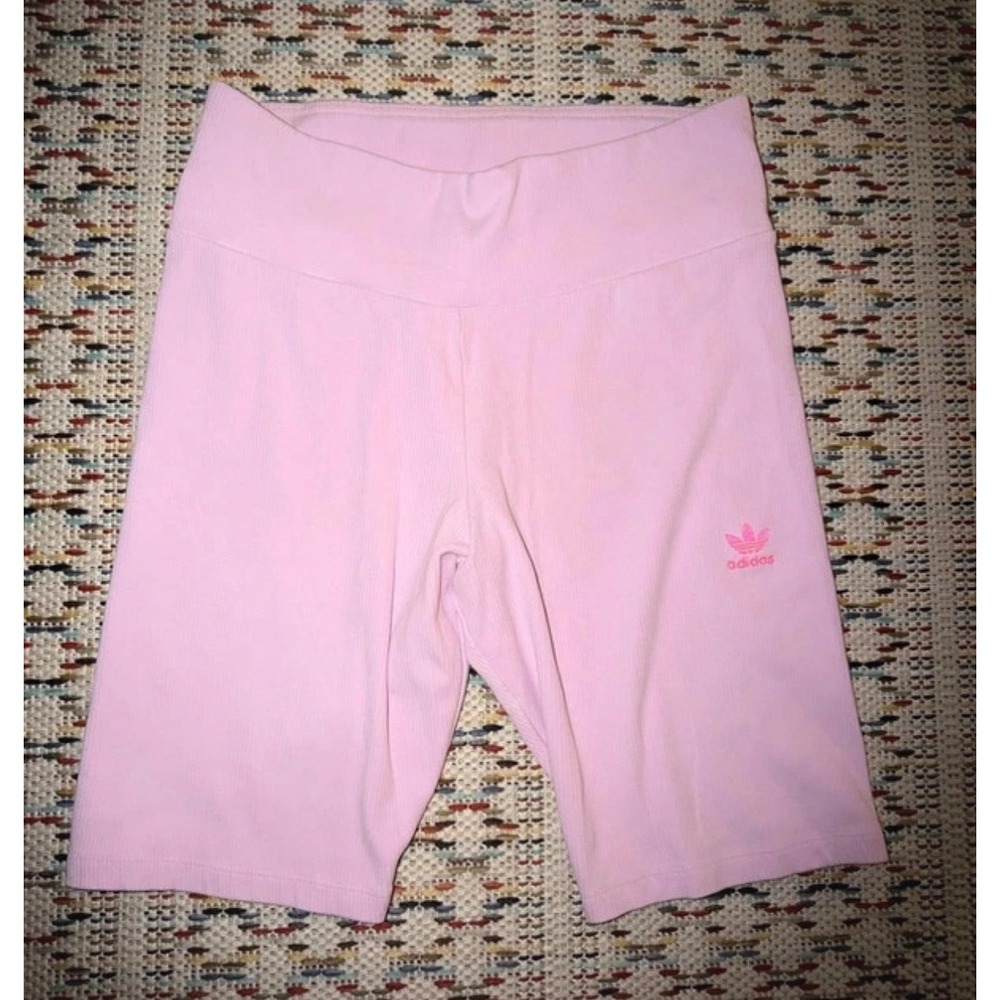 Adidas Originals Women Pink Ribbed Biker Shorts Trefoil Logo High Waist Size L